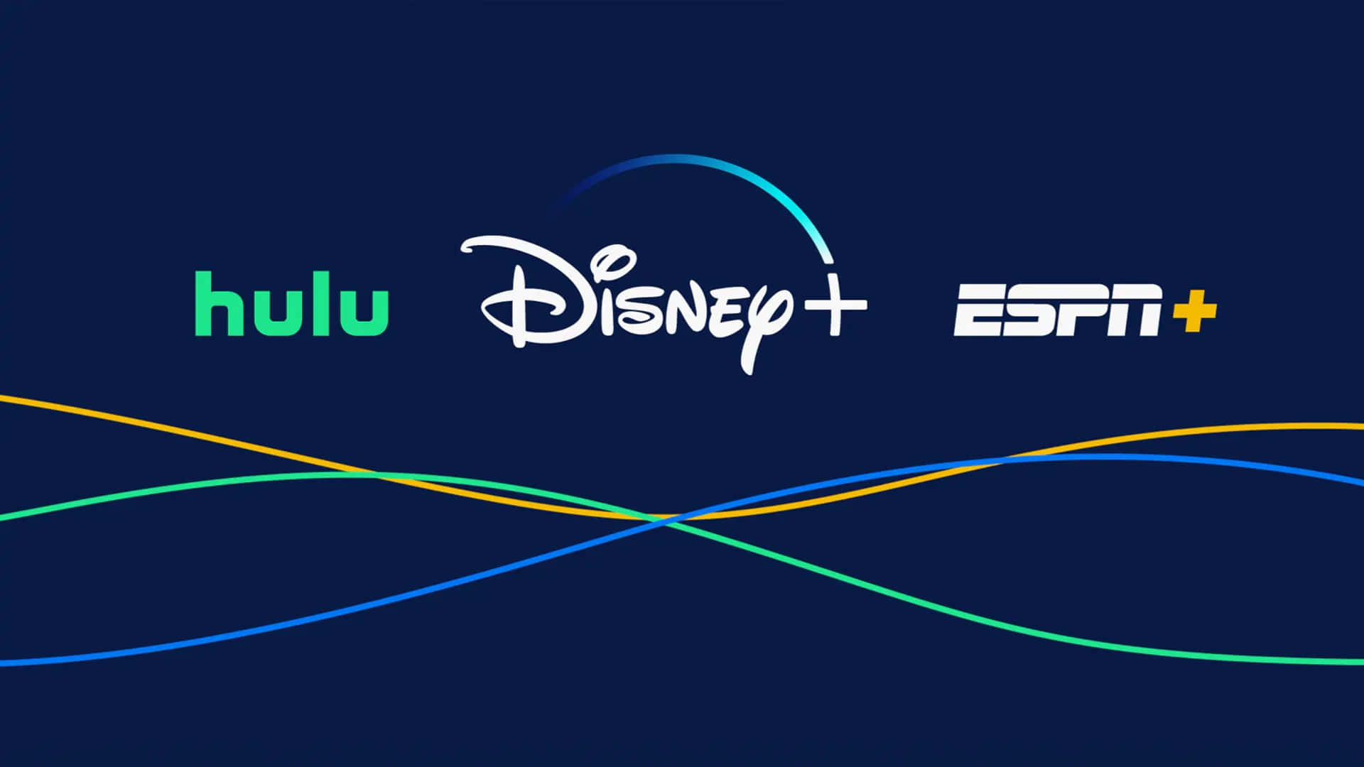Hulu 桌布 壁紙 — 三個串流服務標誌 Hulu Disney+ 和 ESPN+ 漂浮在深藍色背景上色彩繽紛的交叉線條之上。