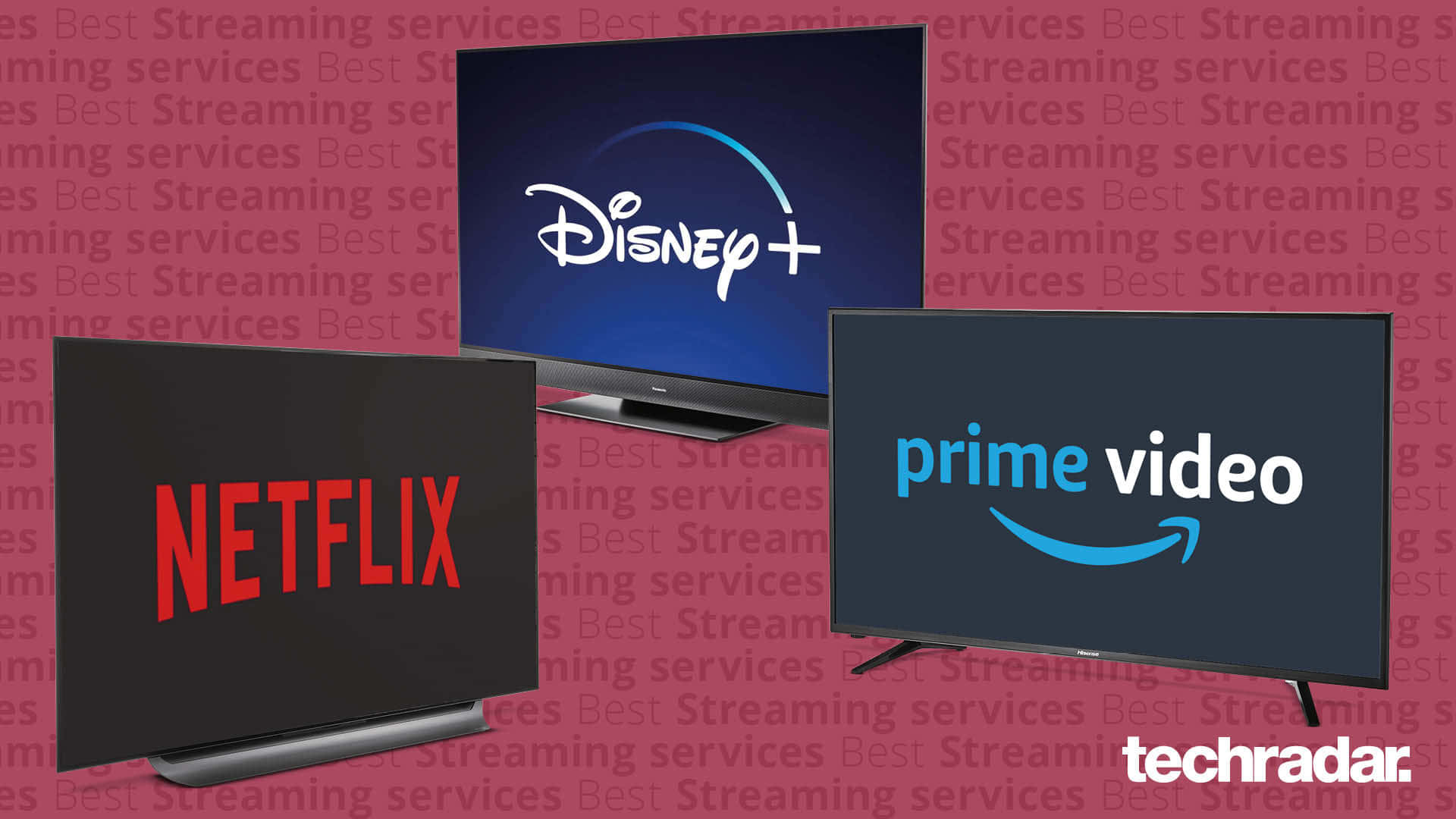 Netflix 桌布 壁紙 — 三個串流服務標誌在電視上，背景為重複文字並帶有 'techradar' 浮水印。