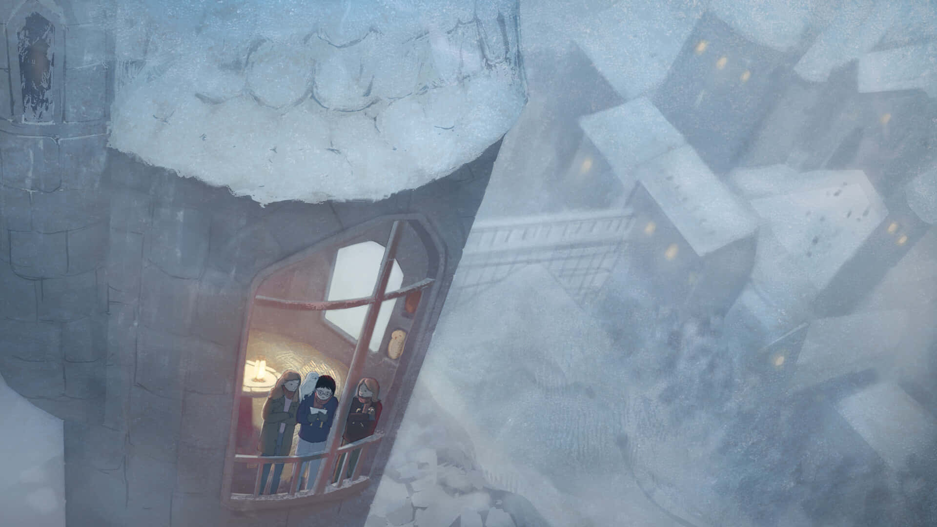 The Hogwarts Owlery 桌布 壁紙 — 三個人影站在一個被雪覆蓋的塔樓中溫暖照亮的窗戶旁，俯瞰著霧氣瀰漫、冰封的城市景觀。