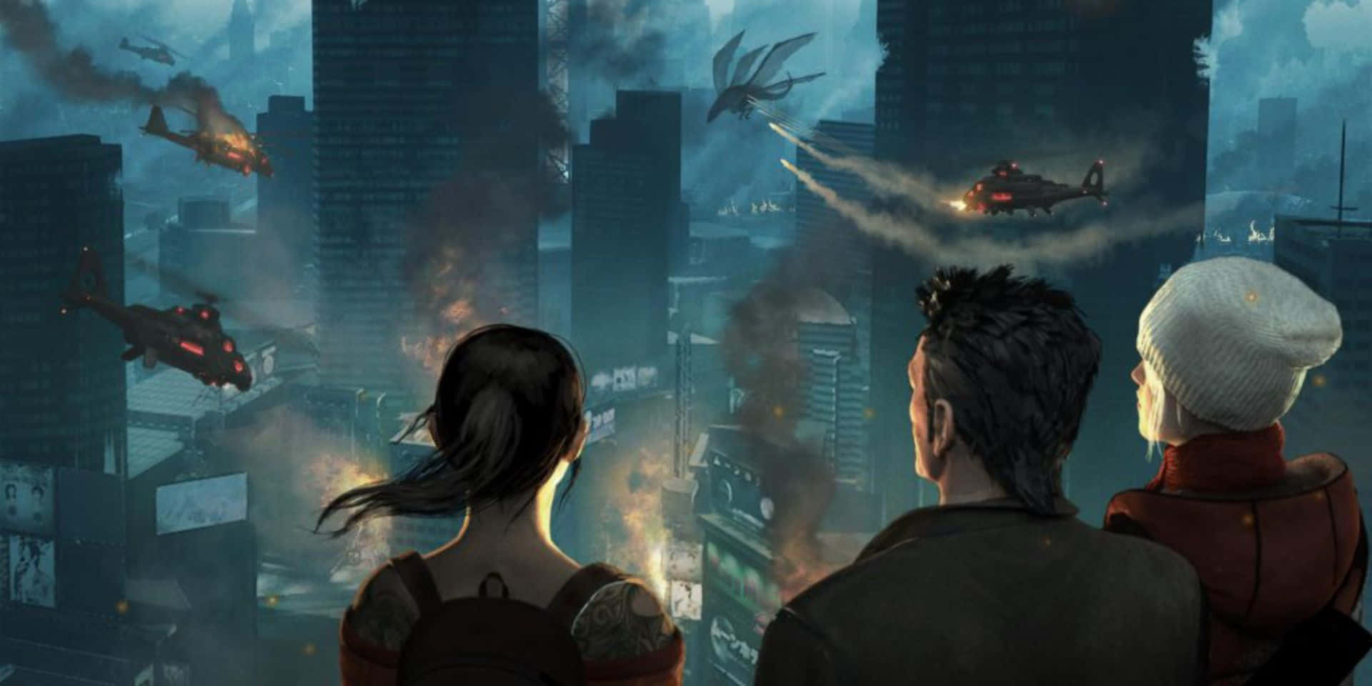 Fantasy Games 桌布 壁紙 — 三個人影觀看直升機和龍在煙霧瀰漫的未來城市景觀上空戰鬥。