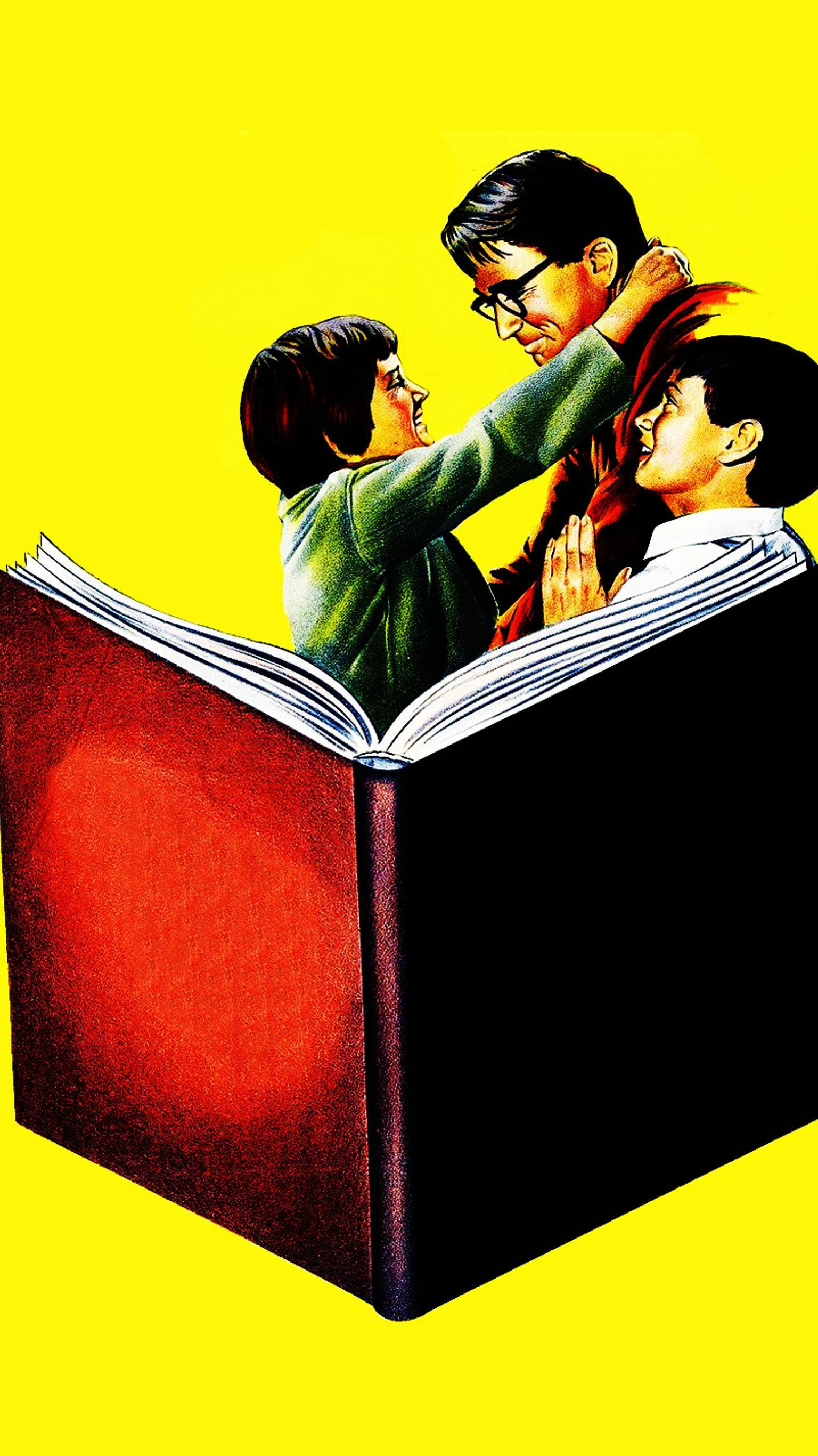 poster 桌布 壁紙 — 三個人愉快地從一本打開的紅色書中出現，背景是明亮的黃色。
