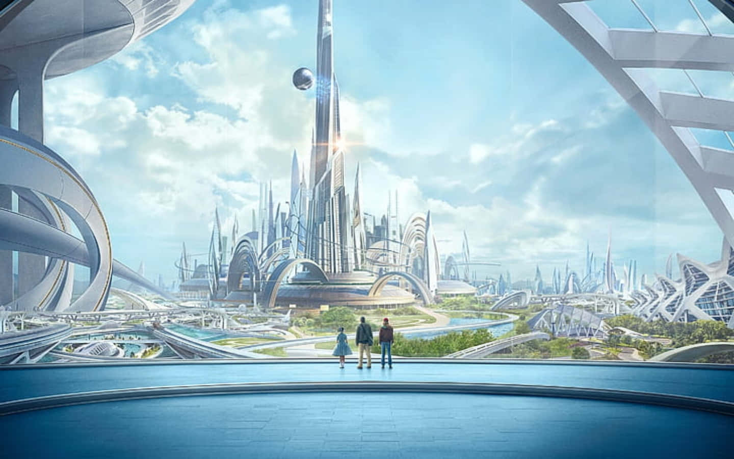Future 桌布 壁紙 — 三個人物凝視著一片廣闊的未來城市景觀，天空湛藍，漂浮著球體，建築線條流暢。