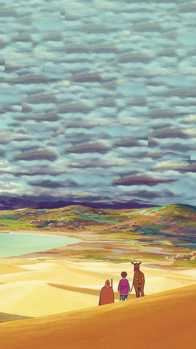 Tales From Earthsea 桌布 壁紙 — 三個人物和一頭牛站在金色沙丘上，俯瞰著廣闊多雲天空下平靜的湖泊。