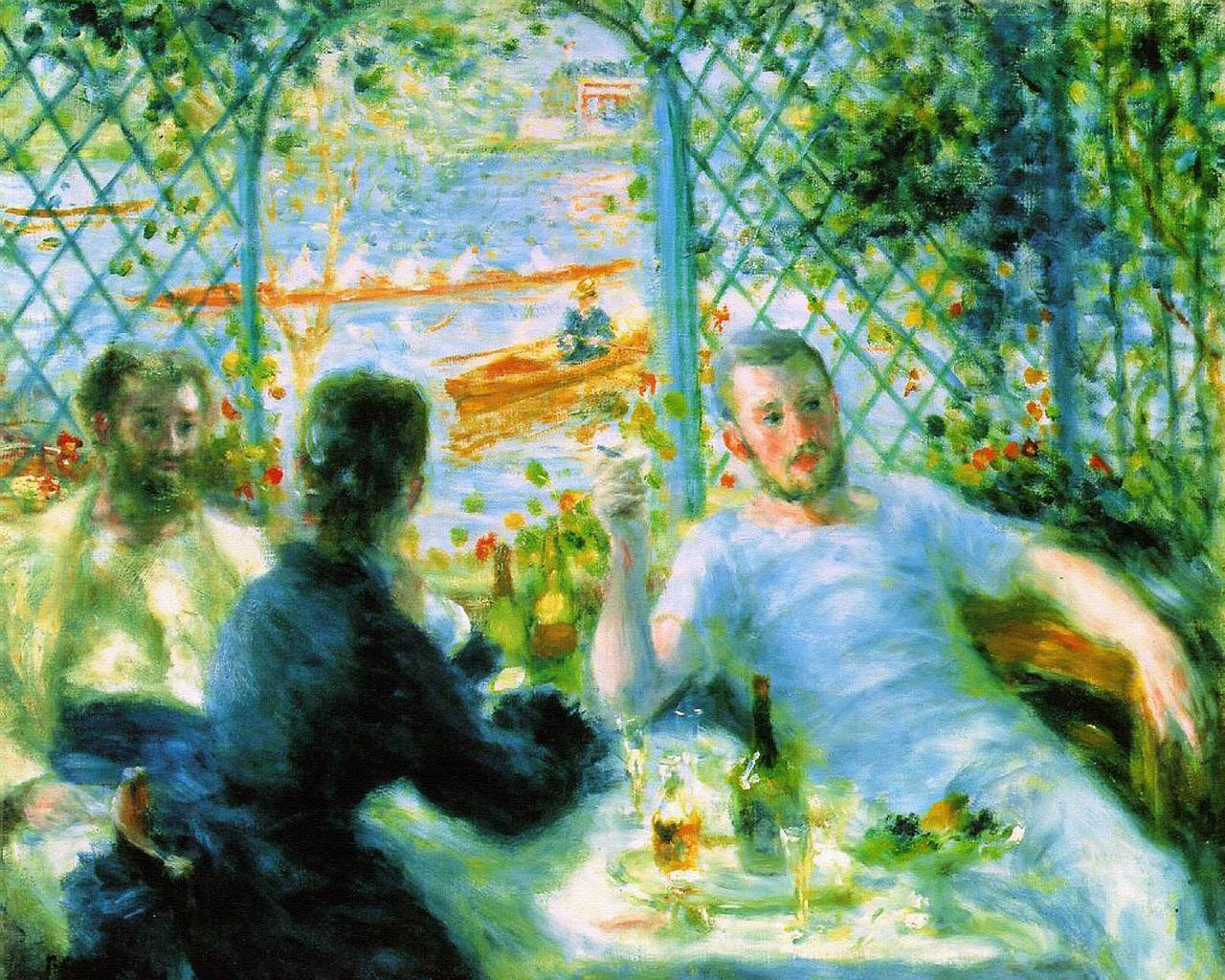 Renoir 桌布 壁紙 — 三個人物在棚架下享受陽光普照的戶外餐飲，遠處水面上可見船隻。