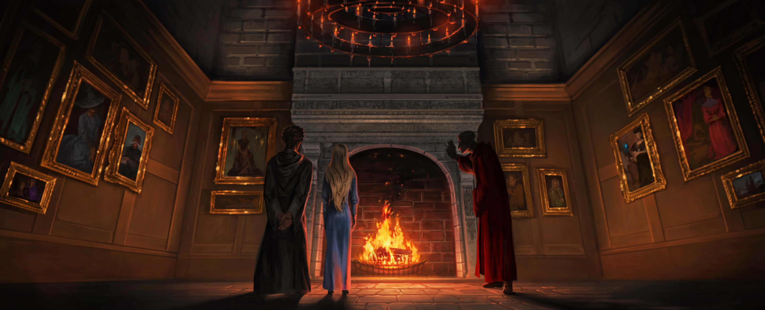 The Triwizard Cup 桌布 壁紙 — 三個人物站在宏偉的石廳中，在燭光吊燈下，面對著熊熊燃燒的壁爐。