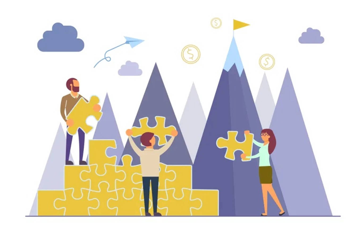 Teamwork 桌布 壁紙 — 三個人組裝金色拼圖塊，攀登一個標有旗幟和漂浮金錢符號的山頂。