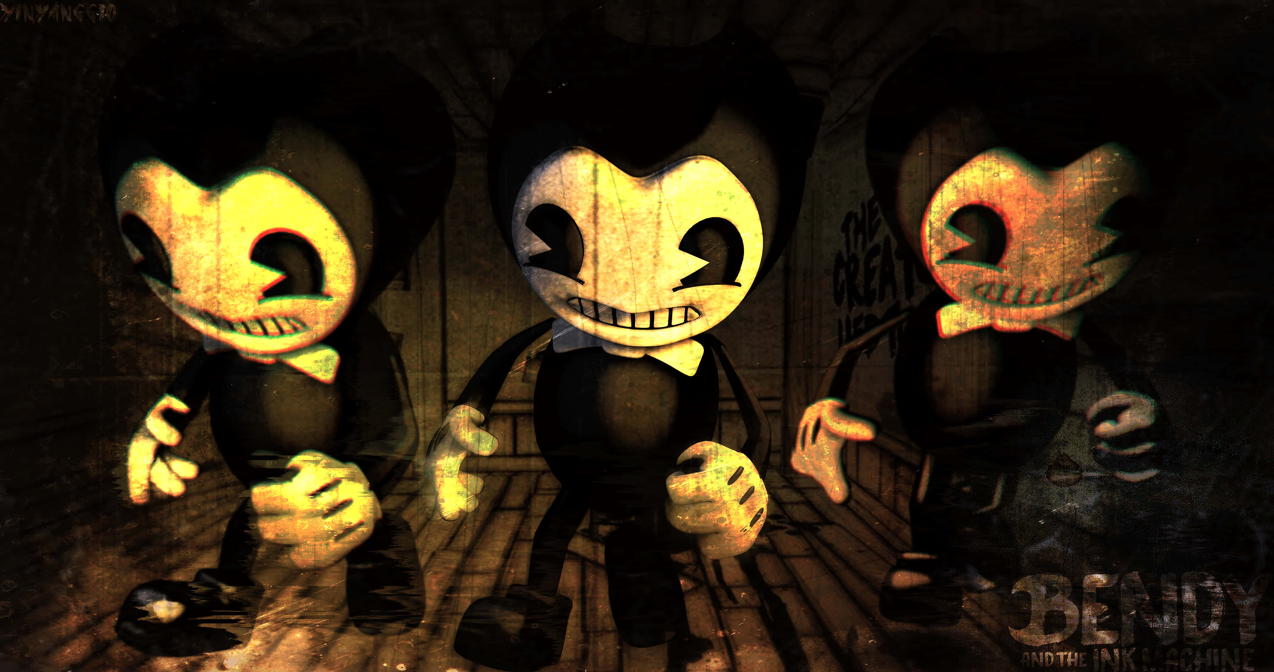 電玩遊戲 桌布 壁紙 — 三個令人毛骨悚然的 Bendy 電子動畫人物，眼睛發光，咧嘴而笑，站在燈光昏暗、骯髒的工業走廊裡。