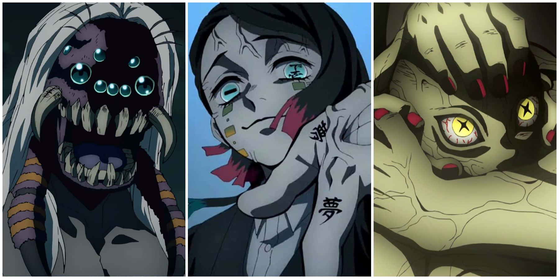 Demon Slayer Characters 桌布 壁紙 — 三個令人毛骨悚然的動漫惡魔，眼睛發光，面容怪異，在黑暗背景下強烈凝視。