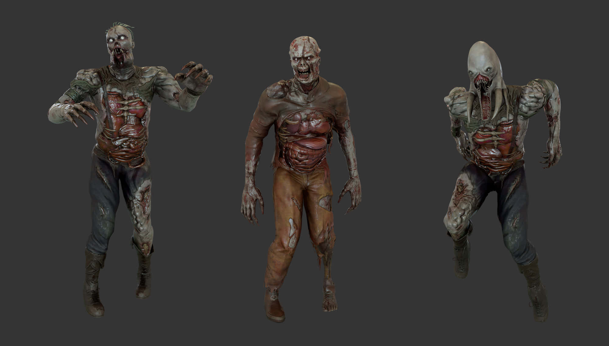zombies 桌布 壁紙 — 三個以3D渲染的怪誕殭屍，身上有撕裂的肉體、暴露的軀幹和破爛的衣服，站在深灰色背景前。