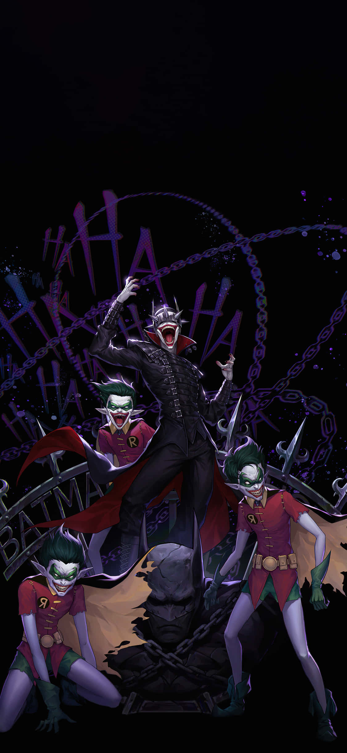 The Batman Who Laughs 桌布 壁紙 — 三個以Joker為主題的Robin角色，身穿紅色和綠色服裝，在帶有紫色鎖鏈和笑聲符號的黑暗背景下勝利地站立。