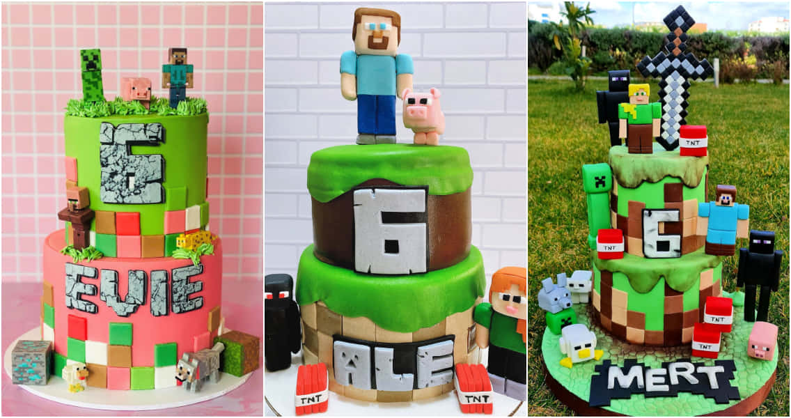 Minecraft Cakes 桌布 壁紙 — 三個以Minecraft為主題的生日蛋糕，裝飾著像素化角色和方塊設計，送給名叫Evie Ale和Mert的孩子。