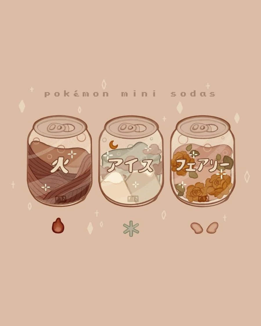 jar 桌布 壁紙 — 三個以寶可夢屬性為主題的可愛插圖迷你汽水罐，每個都充滿了火、冰和妖精元素的視覺表現。