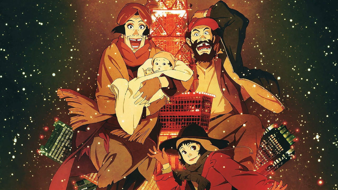 satoshi kon 桌布 壁紙 — 三個以溫暖紅色和橙色為主的動畫角色，在夜間發光的城市天際線背景下，於飄落的雪中快樂地漂浮。