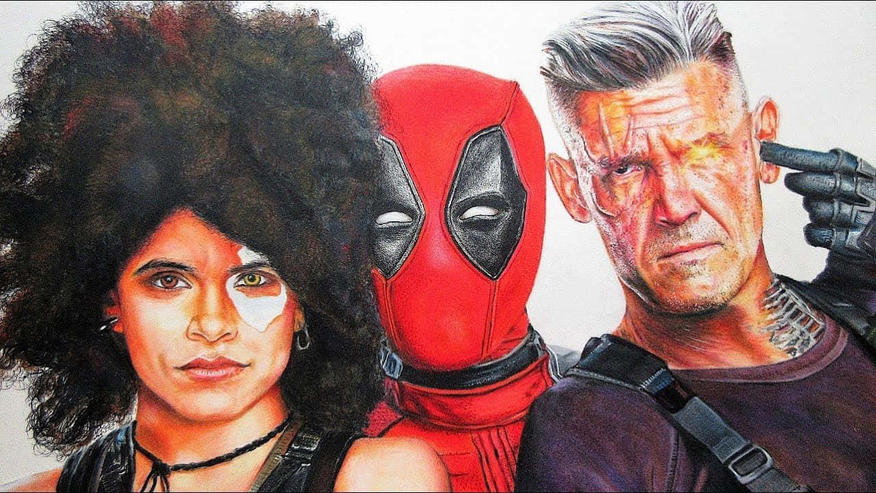 Deadpool And Domino 桌布 壁紙 — 三個以鮮豔色彩繪製的漫畫角色：一個爆炸頭戴眼罩的女人、身穿紅色戰衣的死侍，以及一個用槍指著自己頭的男人。