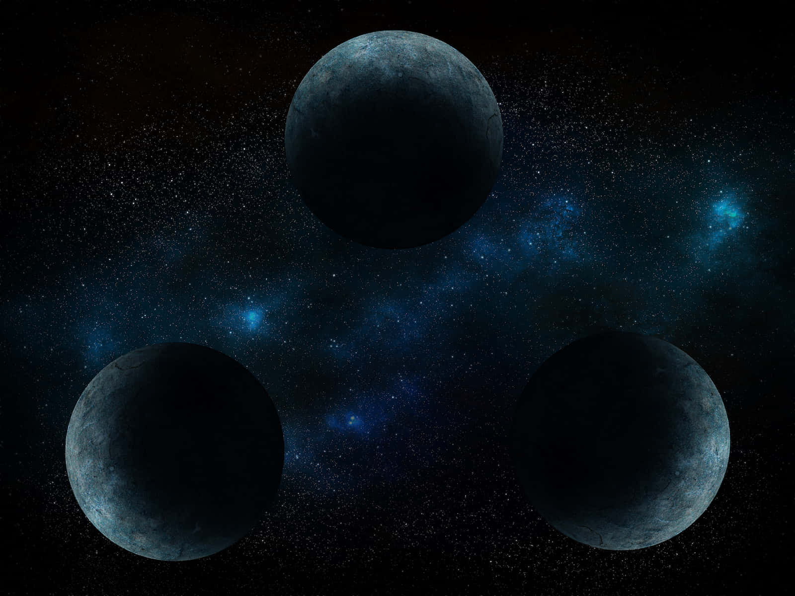 Celestial Bodies 桌布 壁紙 — 三個佈滿隕石坑的黑暗月亮漂浮在繁星點點的藍色星雲中，背景是黑色的宇宙。