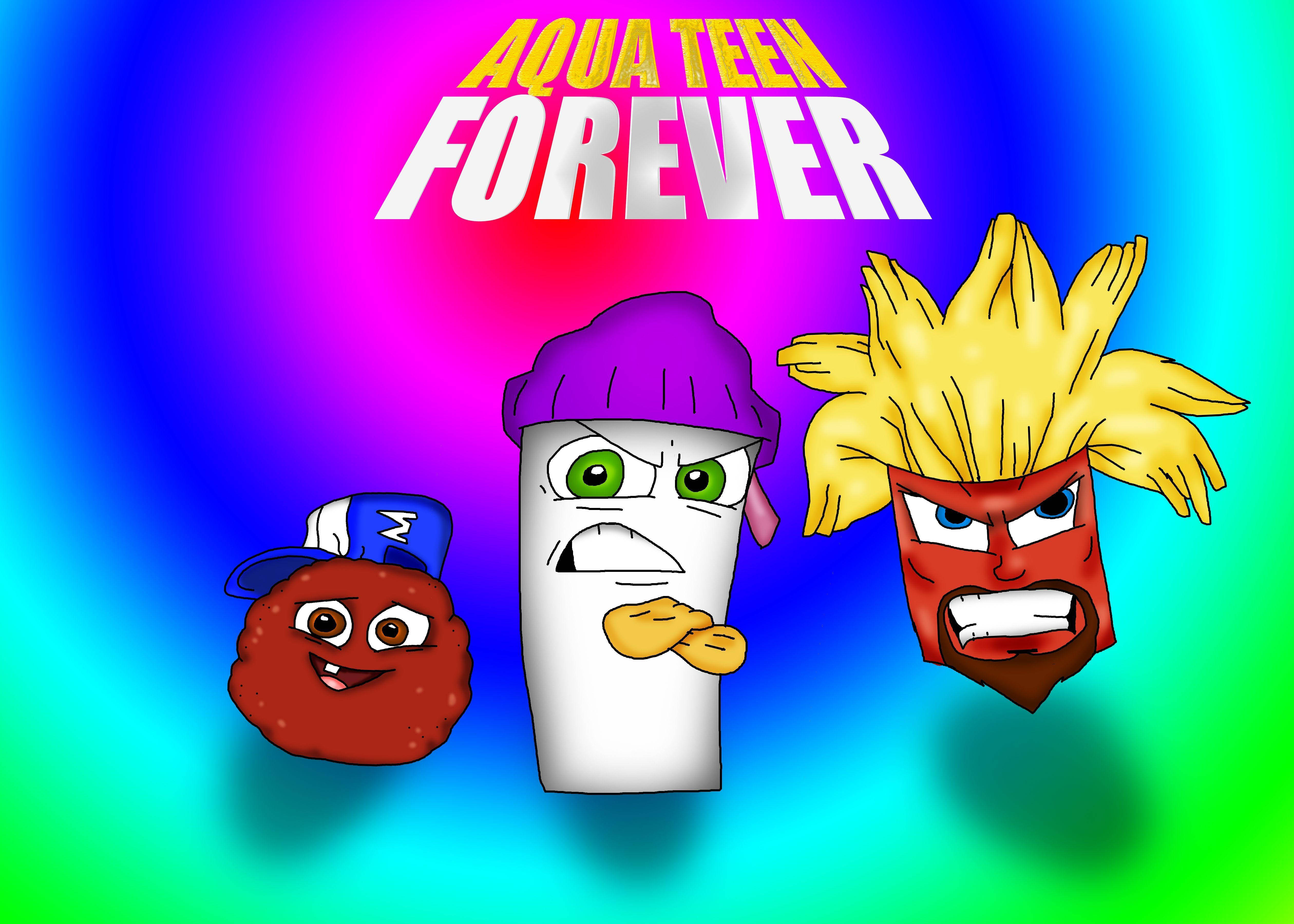 teen 桌布 壁紙 — 三個來自《Aqua Teen Forever》的動畫快餐角色在充滿活力的彩虹漸變背景前擺姿勢。