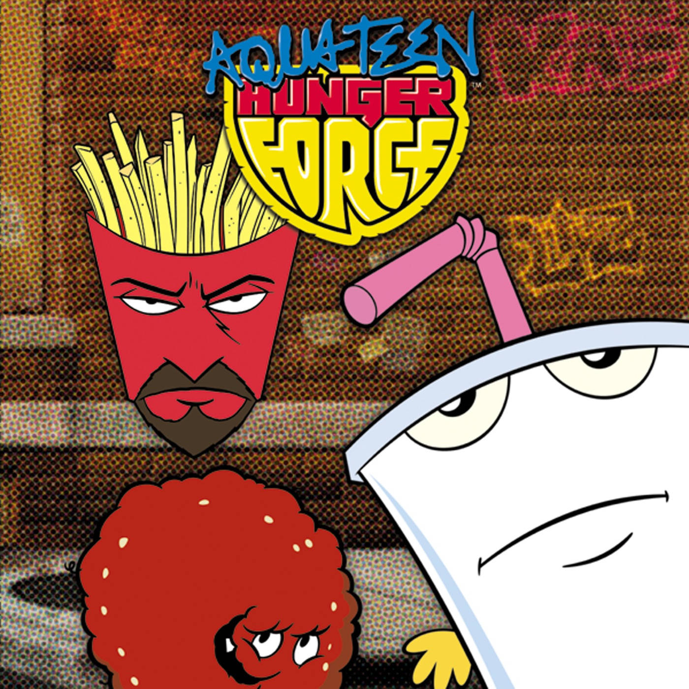 teen 桌布 壁紙 — 三個來自《Aqua Teen Hunger Force》的卡通食物角色，對著粗糙的塗鴉牆凝視。
