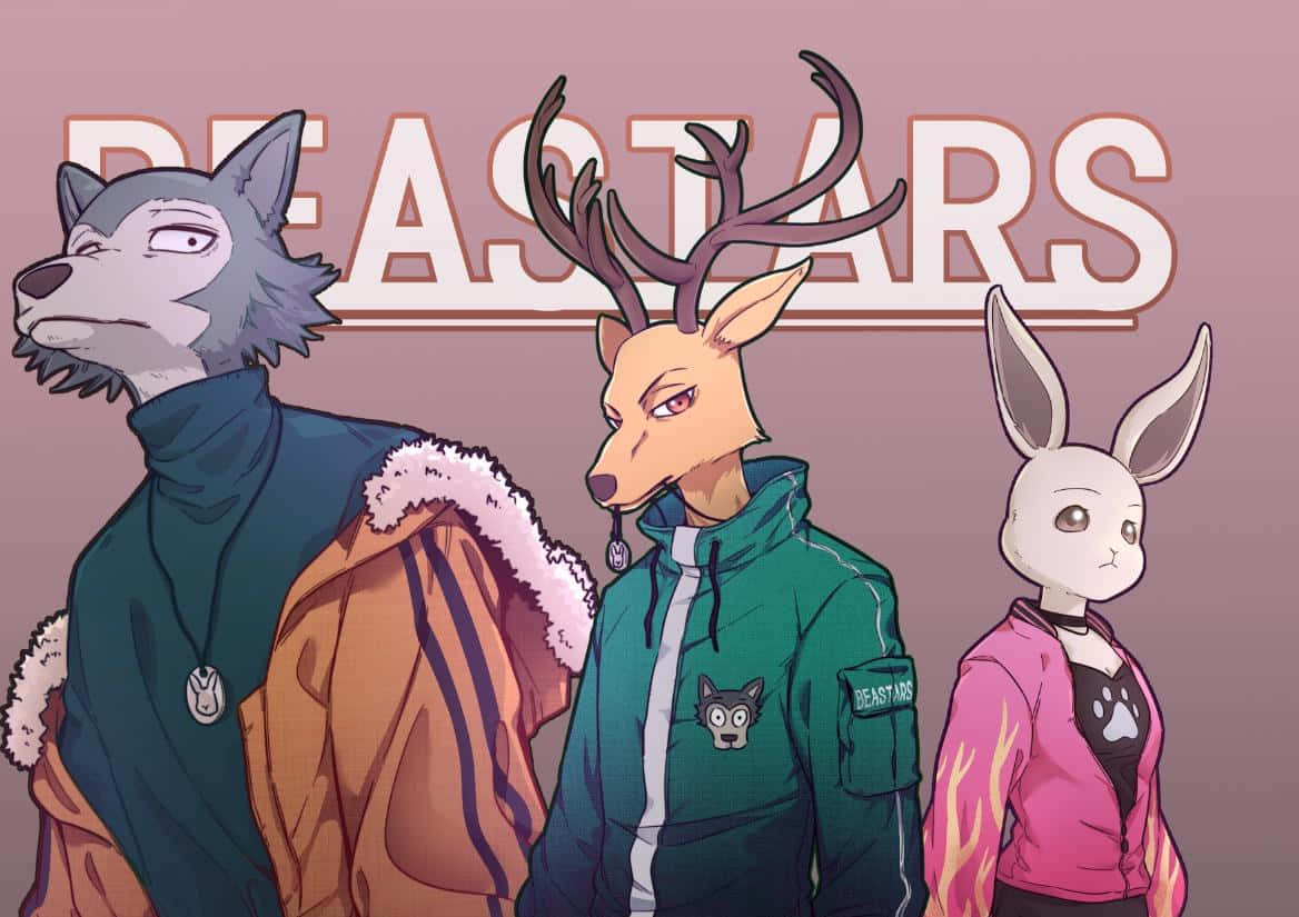 獸星 桌布 壁紙 — 三個來自《Beastars》的擬人化動物角色自信地站在粉紅色背景前，標題顯眼地展示。