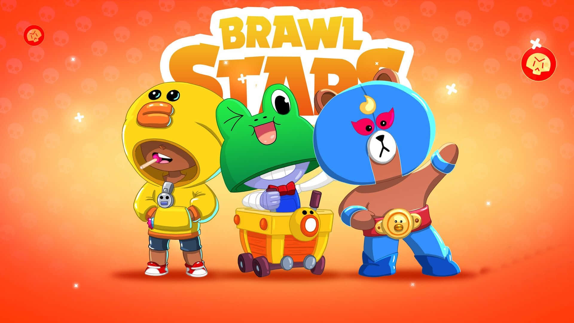 荒野亂鬥 桌布 壁紙 — 三個來自 Brawl Stars 的歡樂卡通角色站在充滿活力的橙色漸變背景前，帶有閃光效果。
