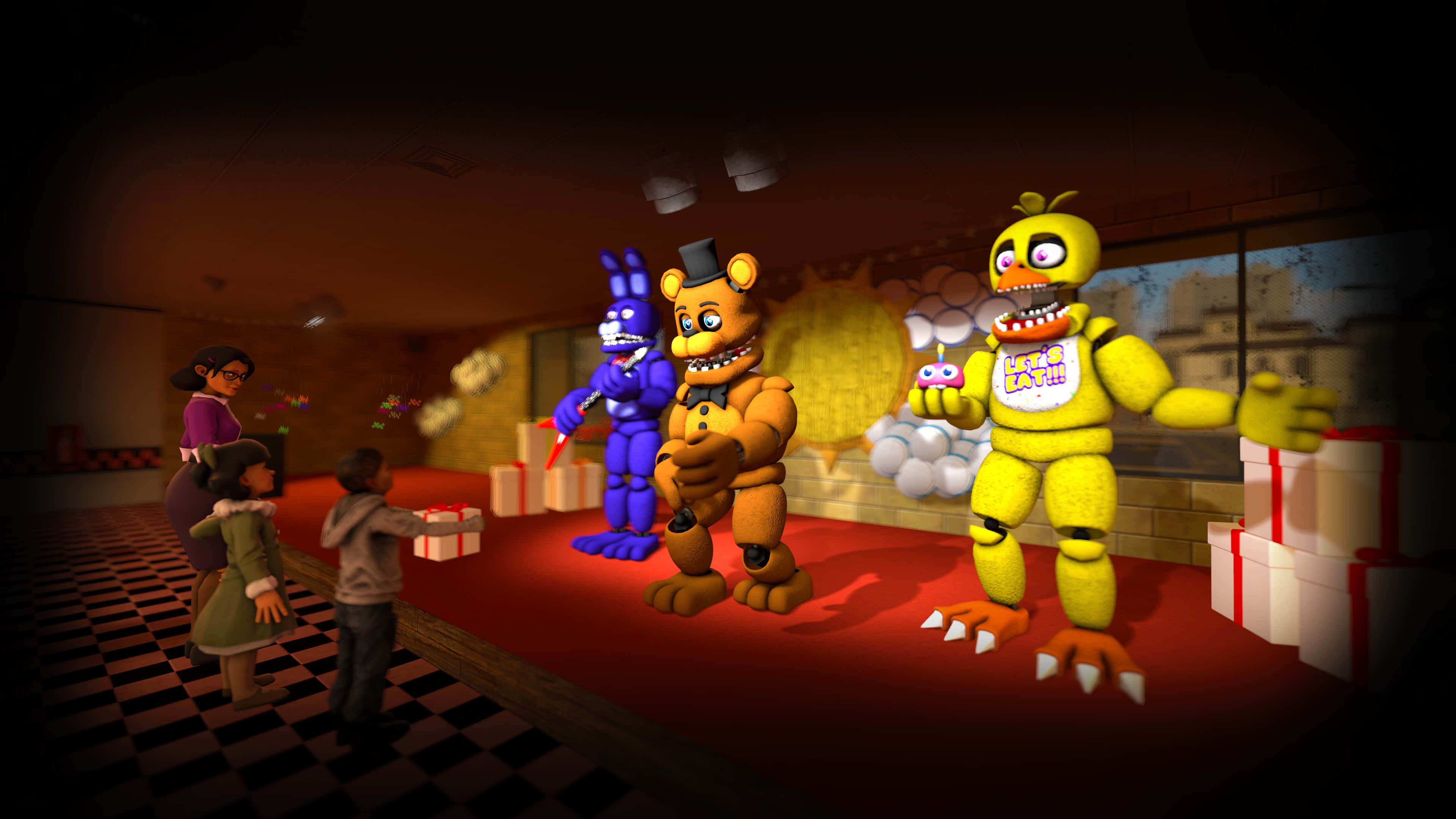 five nights at freddy's 桌布 壁紙 — 三個來自《Five Nights at Freddy's》的電子動畫角色威嚇地站在紅色地毯上，而兒童和一名成人在昏暗的房間裡觀看。