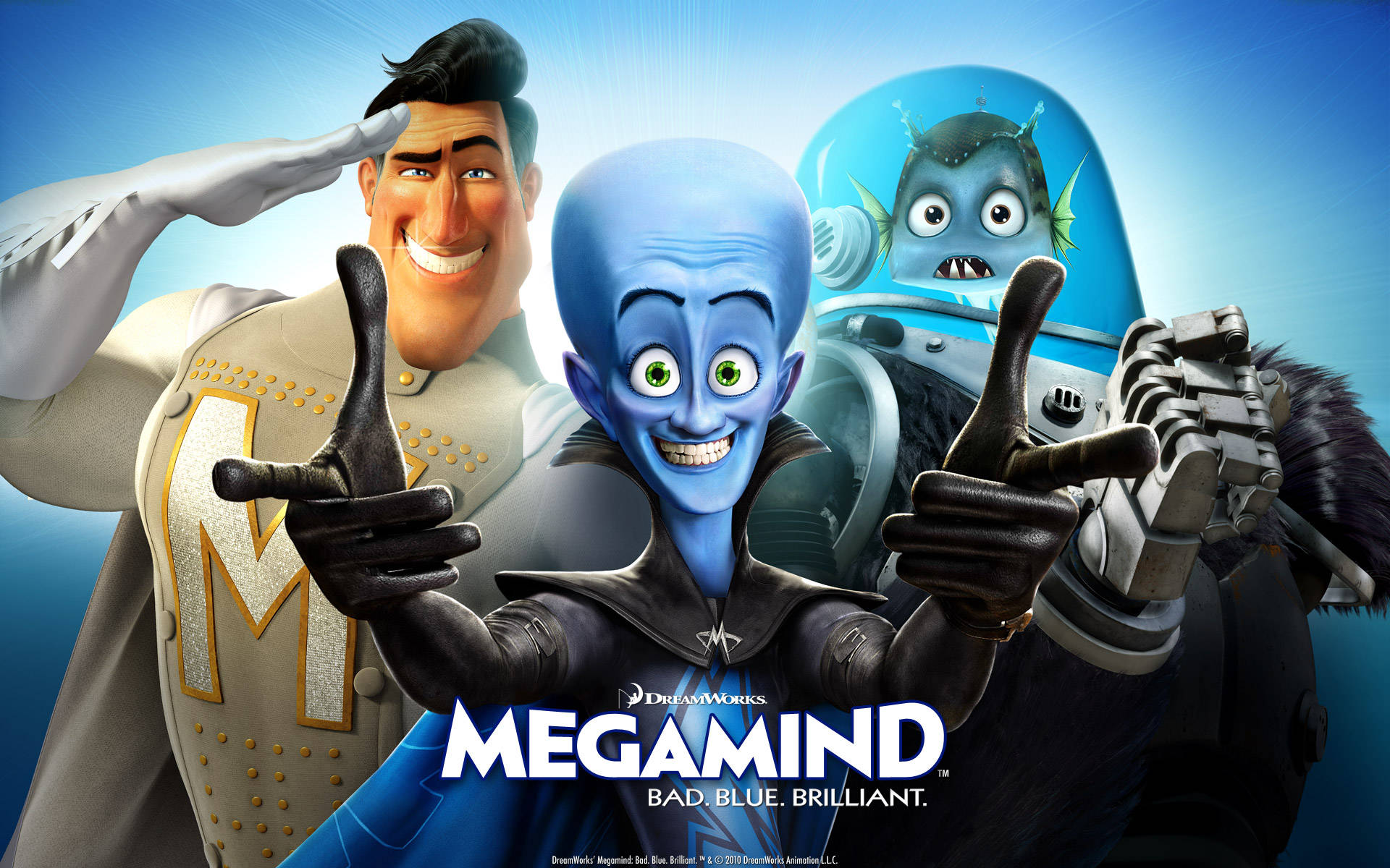 超級英雄 桌布 壁紙 — 三個來自《Megamind》的動畫角色在明亮的藍天背景下愉快地擺姿勢。