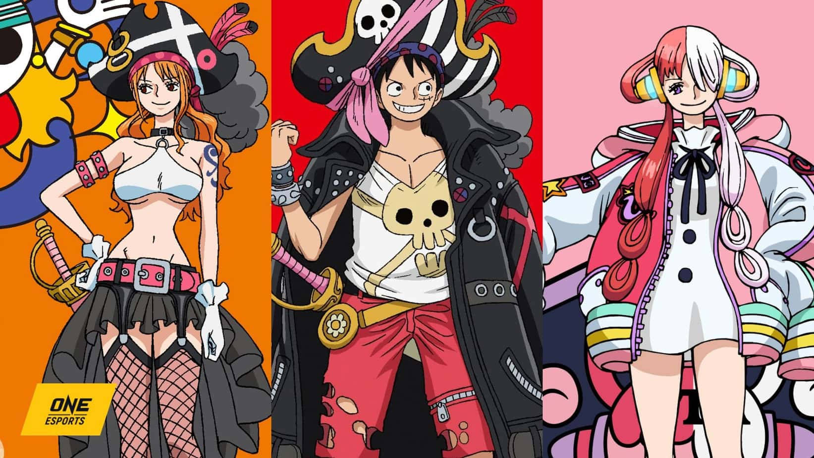 電影動圖 桌布 壁紙 — 三個來自《One Piece》的鮮豔動漫角色，以大膽的輪廓和富有表現力的姿勢自信地站在色彩繽紛的背景前。