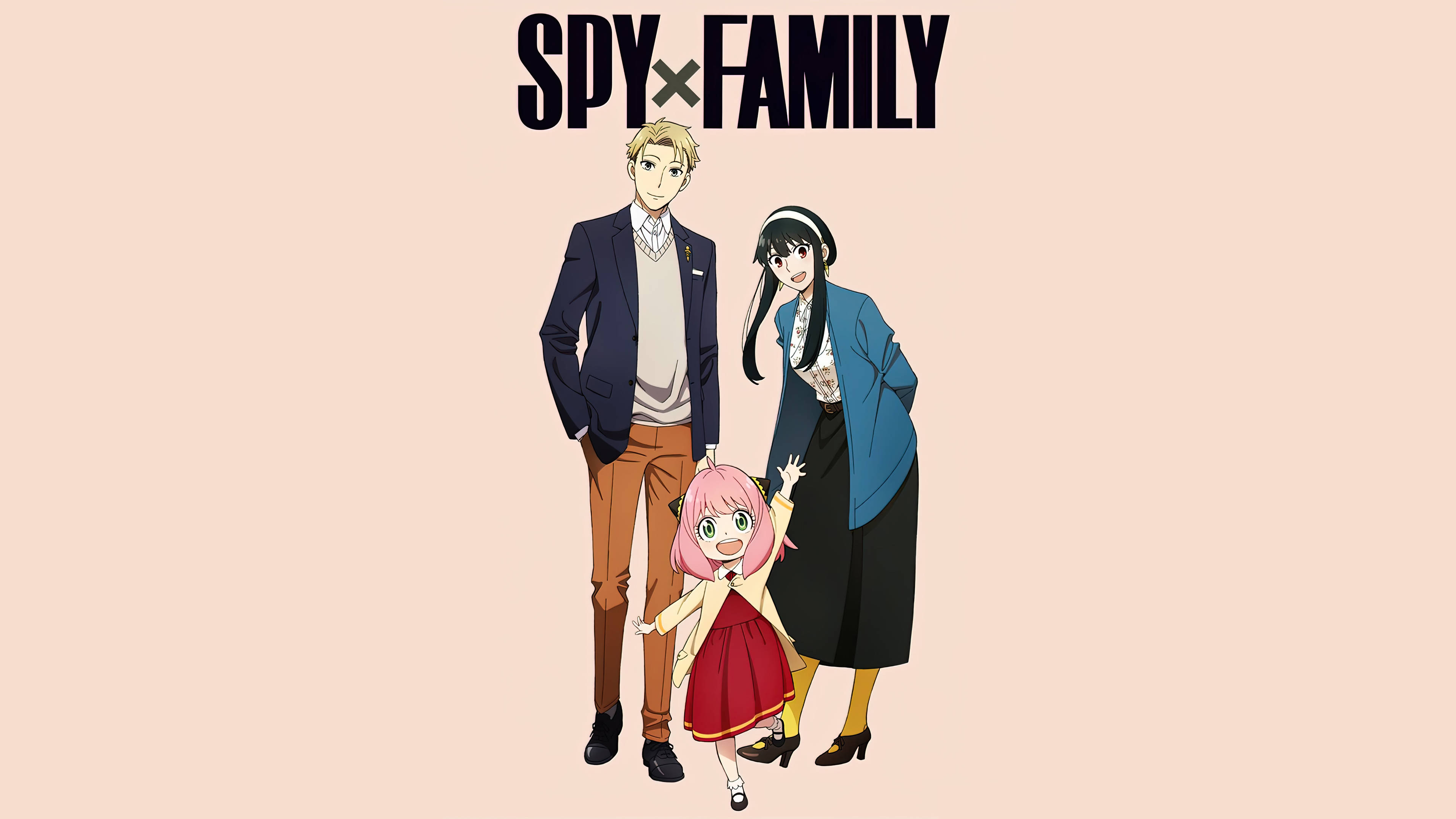 動漫 桌布 壁紙 — 三個來自《SPY×FAMILY》的動漫角色站在純米色背景前，標題在他們上方。