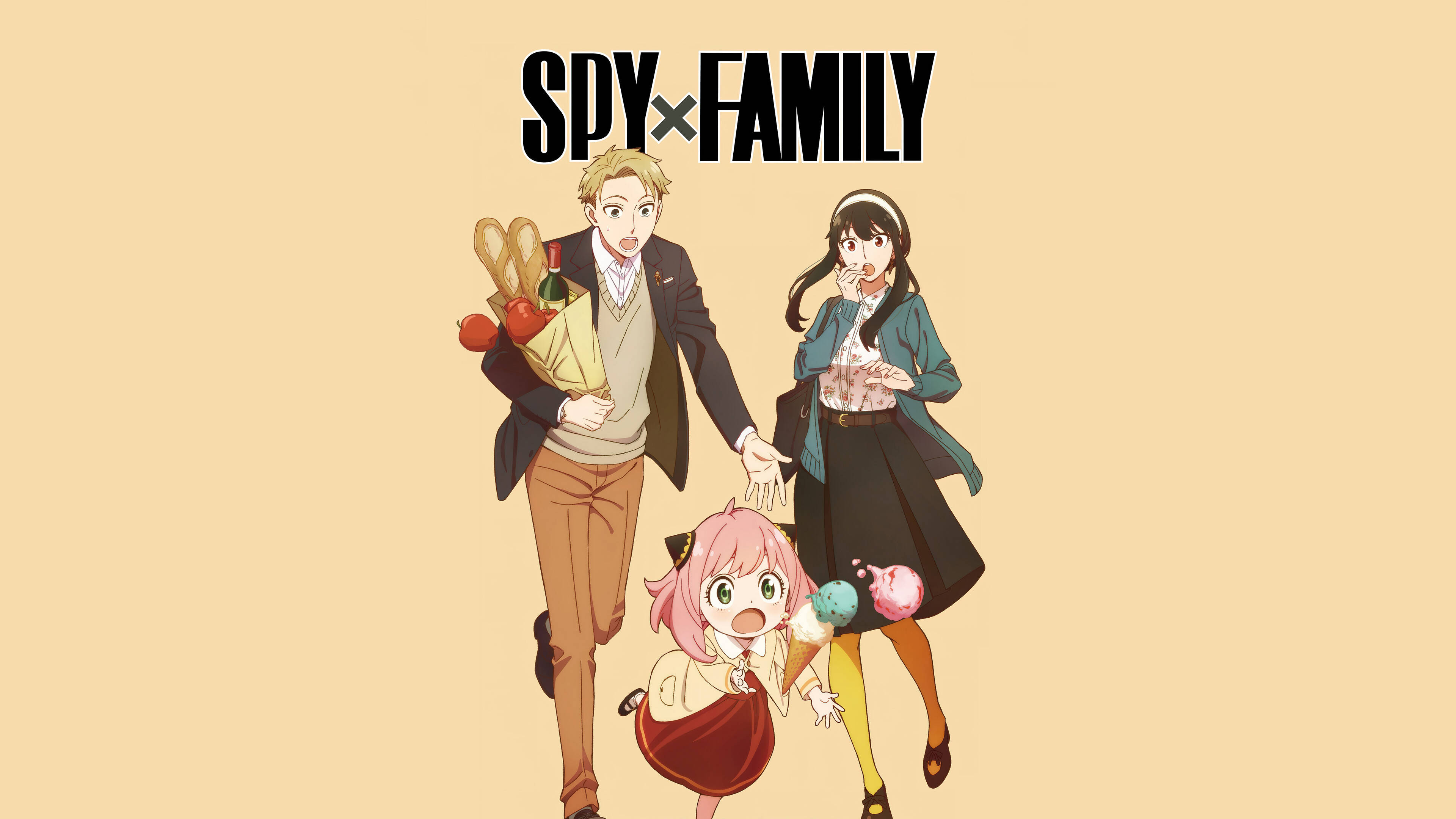 動漫 桌布 壁紙 — 三個來自《SPY×FAMILY》的動漫角色在純米色背景前拿著雜貨和冰淇淋。