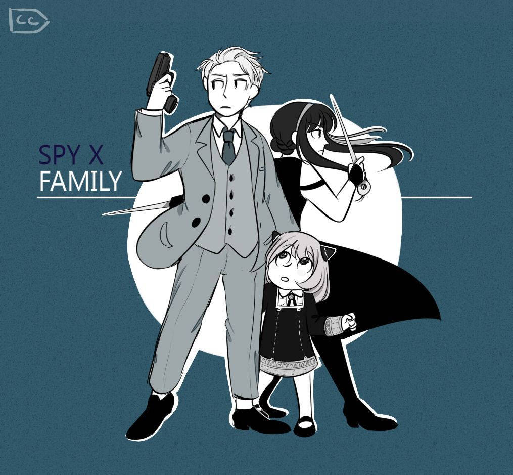 X 桌布 壁紙 — 三個來自 Spy X Family 的動漫角色在深藍色背景前手持武器準備就緒。