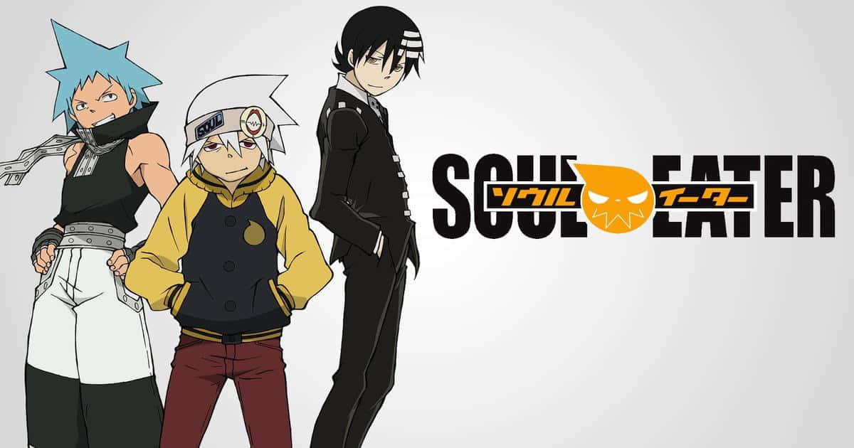 Soul Eater 桌布 壁紙 — 三個來自《噬魂者》的動漫角色自信地站在純色背景前，並帶有節目標誌。