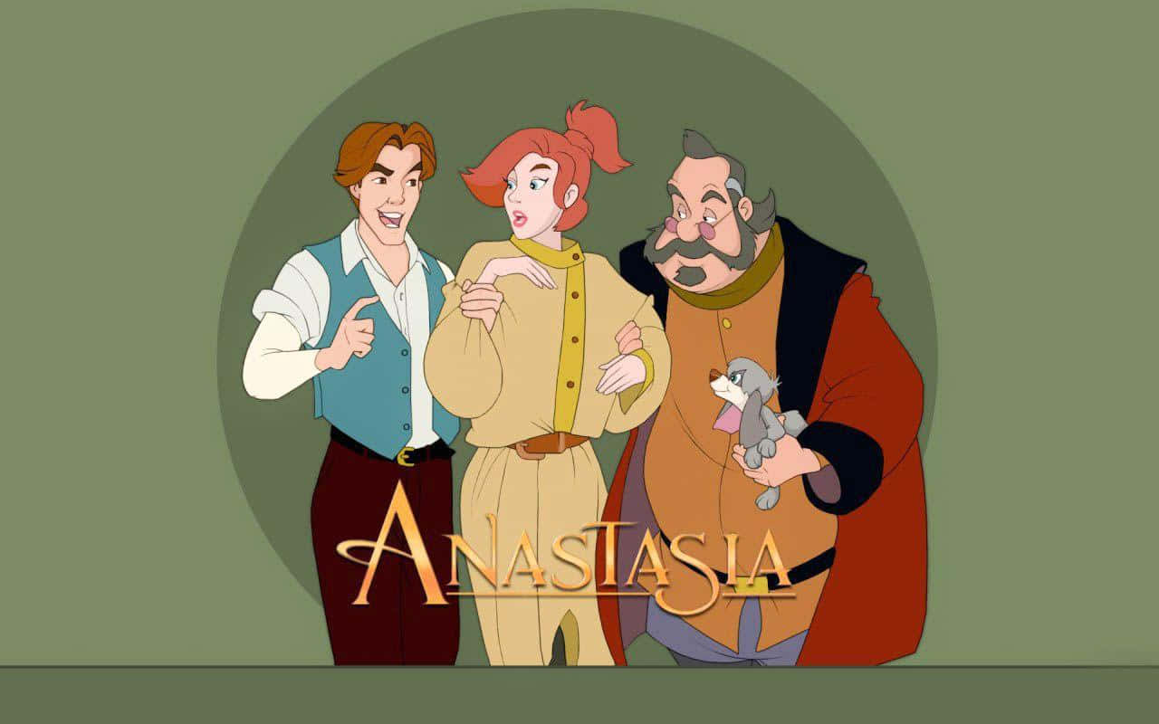 Anastasia 桌布 壁紙 — 三個來自《安娜斯塔西亞》的動畫角色一起站在柔和的綠色背景前，標題顯示在下方。