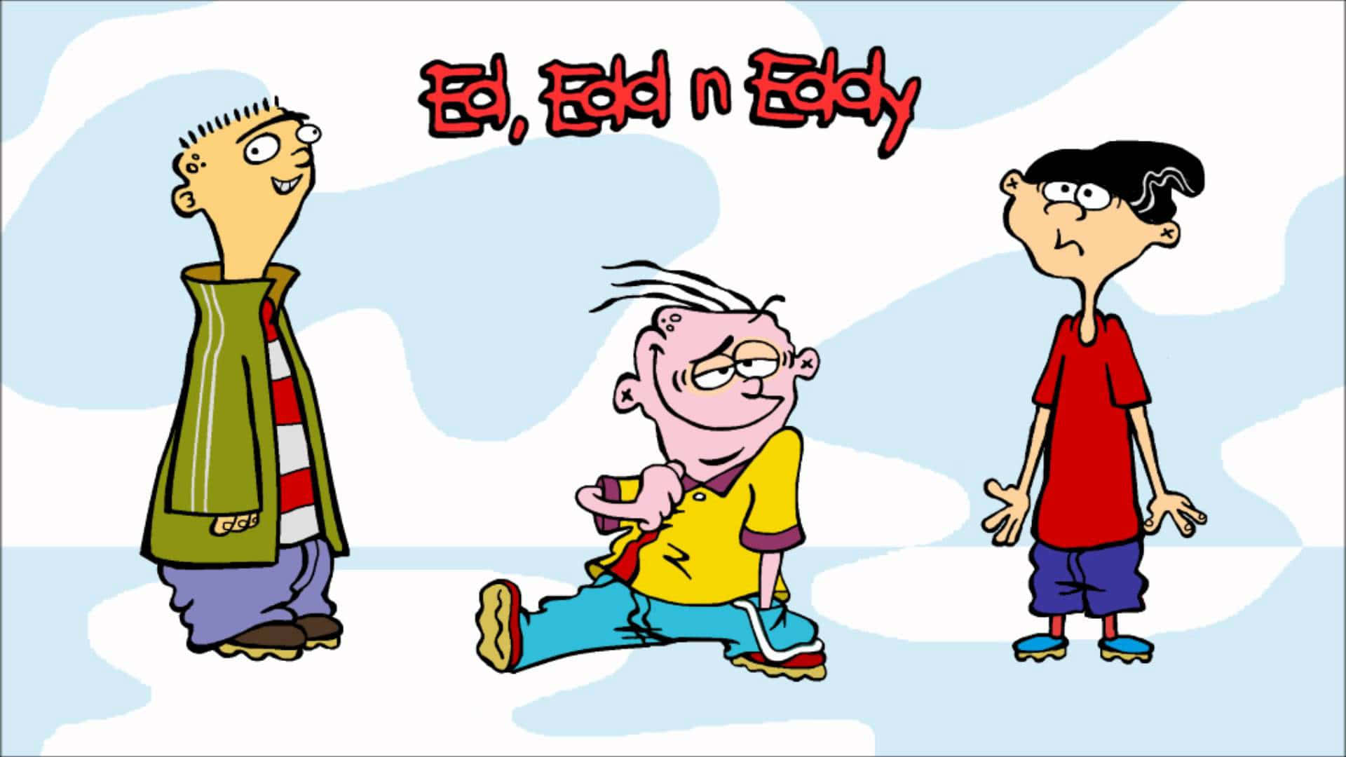 Cartoon 桌布 壁紙 — 三個來自《愛德 愛德華 愛迪》的卡通男孩站在淺藍色天空背景前，有蓬鬆的白雲。