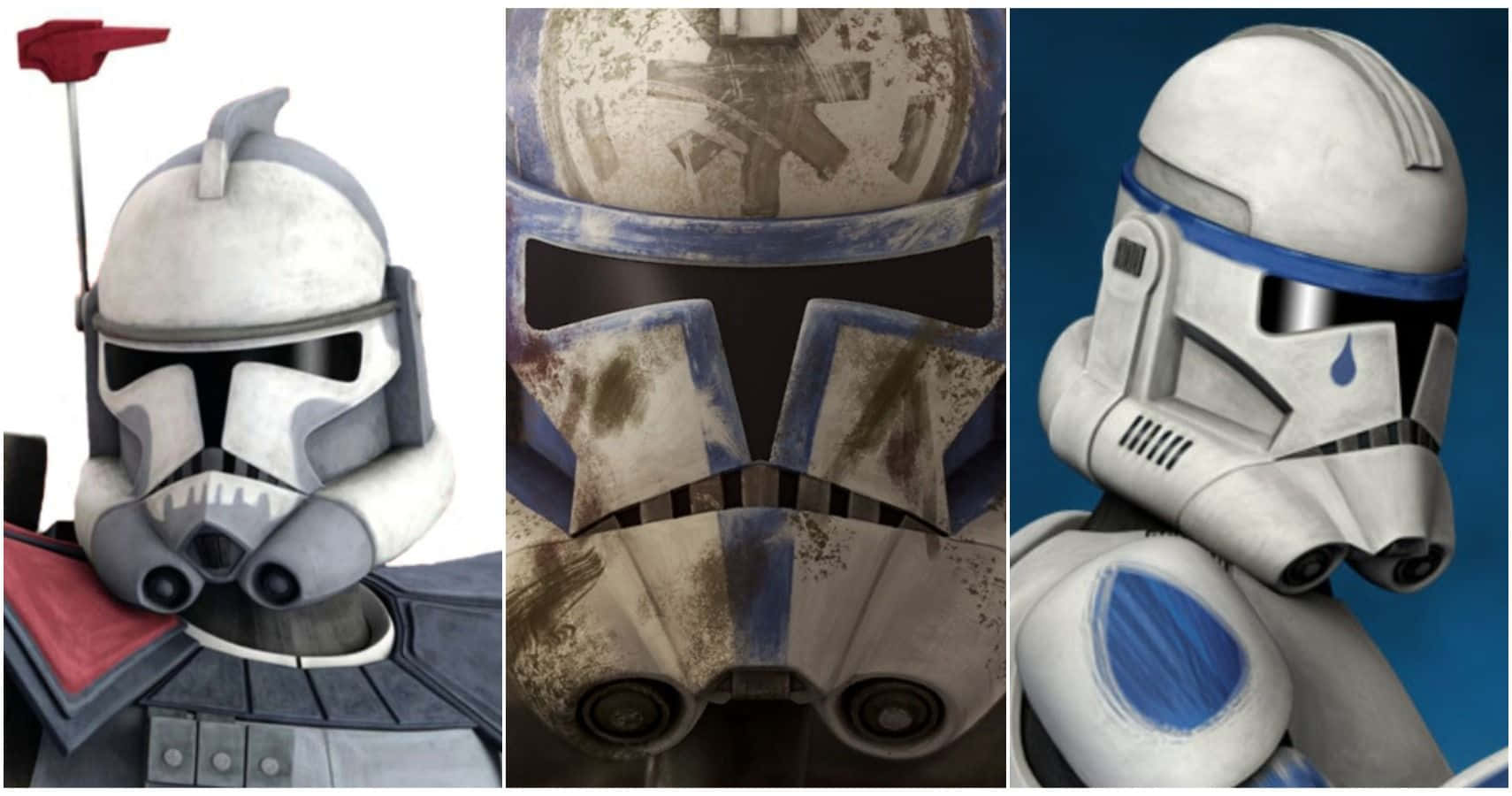 The Clone Army 桌布 壁紙 — 三個來自《星際大戰》的風化複製人頭盔，每個都有獨特的藍色標記和戰鬥損傷。