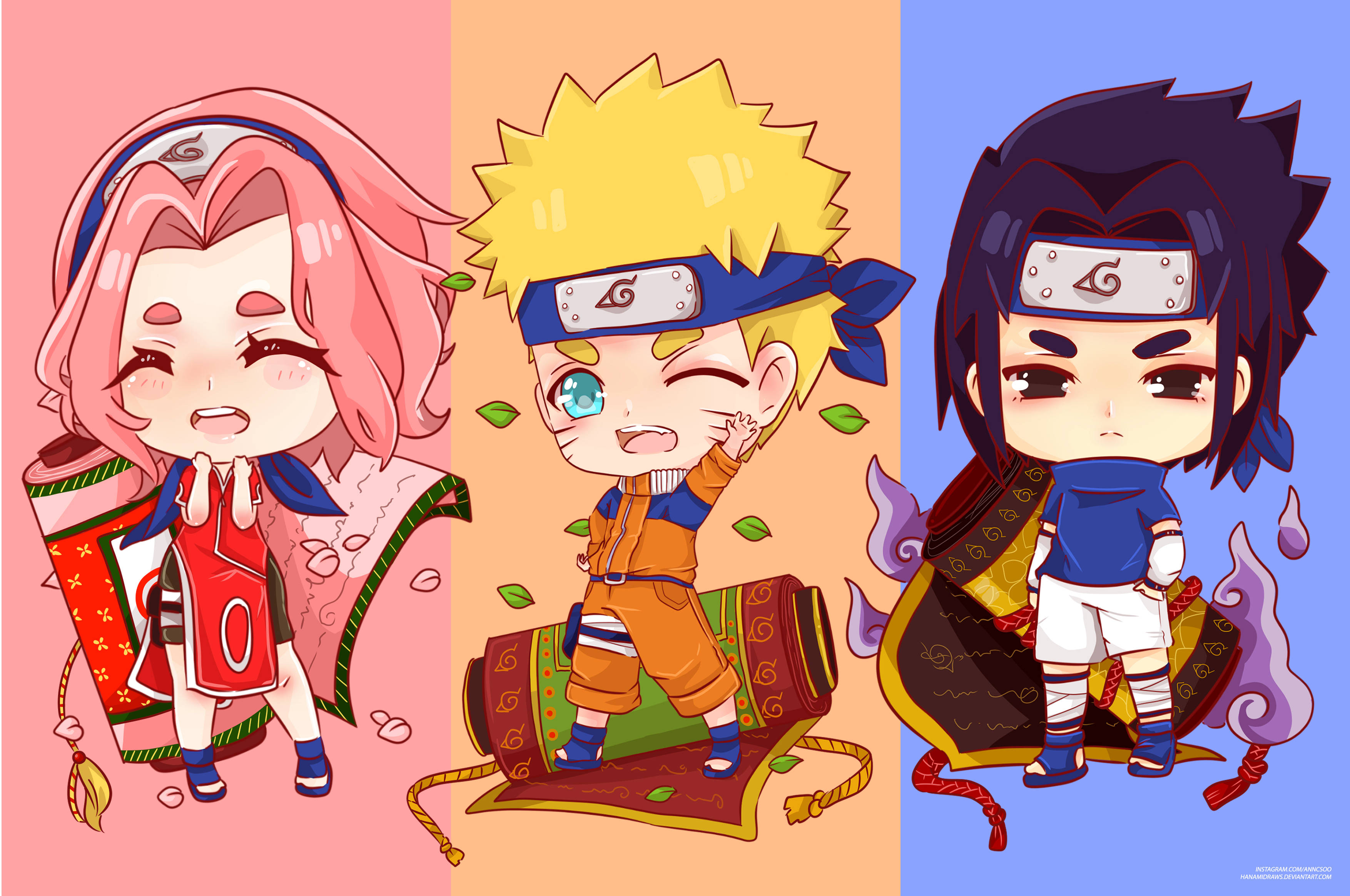 Sakura Haruno 桌布 壁紙 — 三個來自《火影忍者》的Q版動漫角色各自坐在卷軸上，背景為粉紅、橙和藍色的柔和色調。