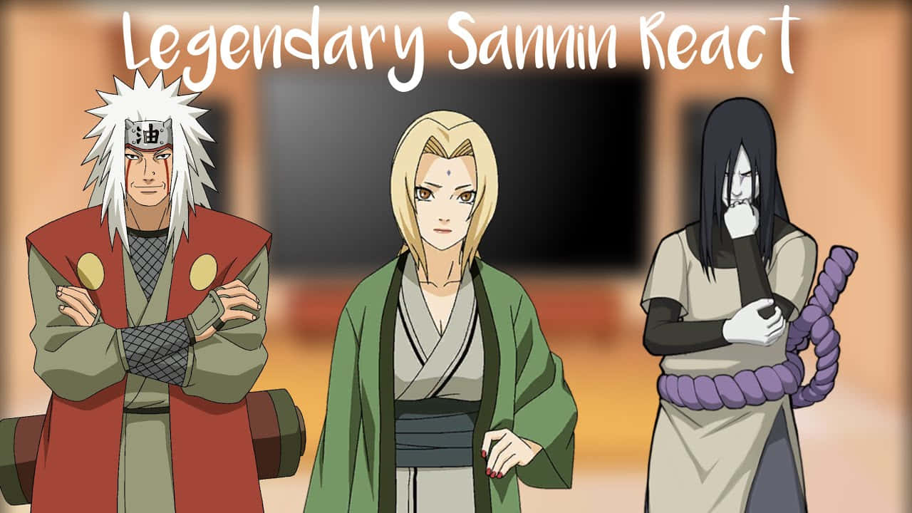 Legendary Sannin 桌布 壁紙 — 三個來自《火影忍者》的動漫角色自信地站在一個光線溫暖的房間裡，上方有文字。