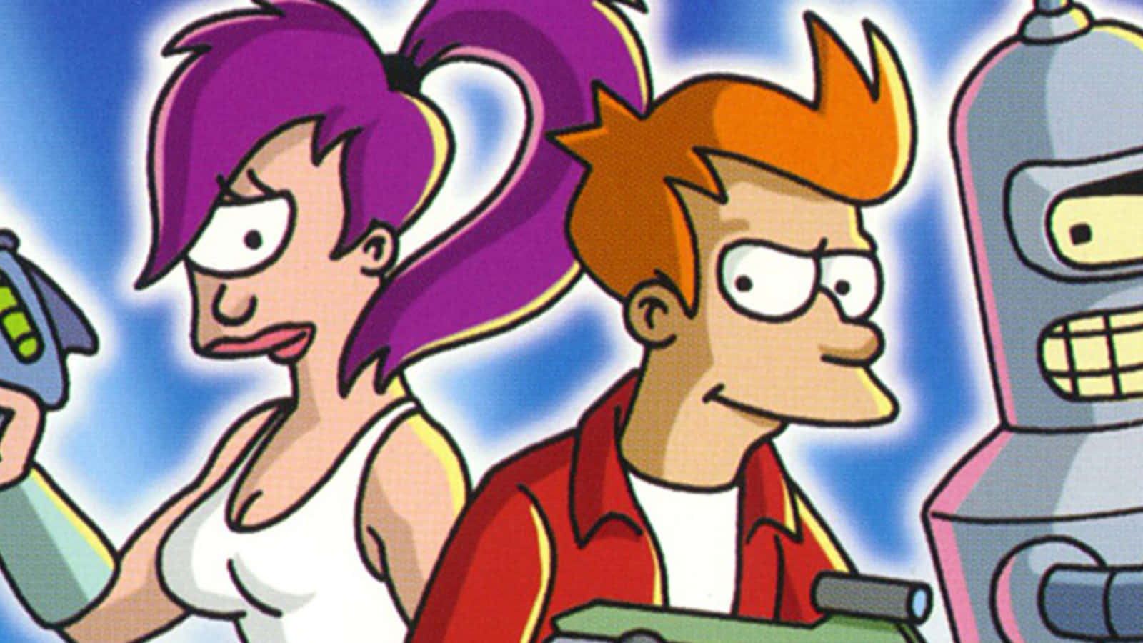 Futurama 桌布 壁紙 — 三個來自《飛出個未來》的動畫角色站在明亮的藍色背景前，帶有發光效果。