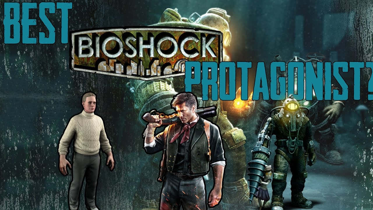 Bioshock Characters 桌布 壁紙 — 三個來自Bioshock的角色站在一個黑暗的水下城市中，周圍有發光的管道，遊戲標誌在他們上方。