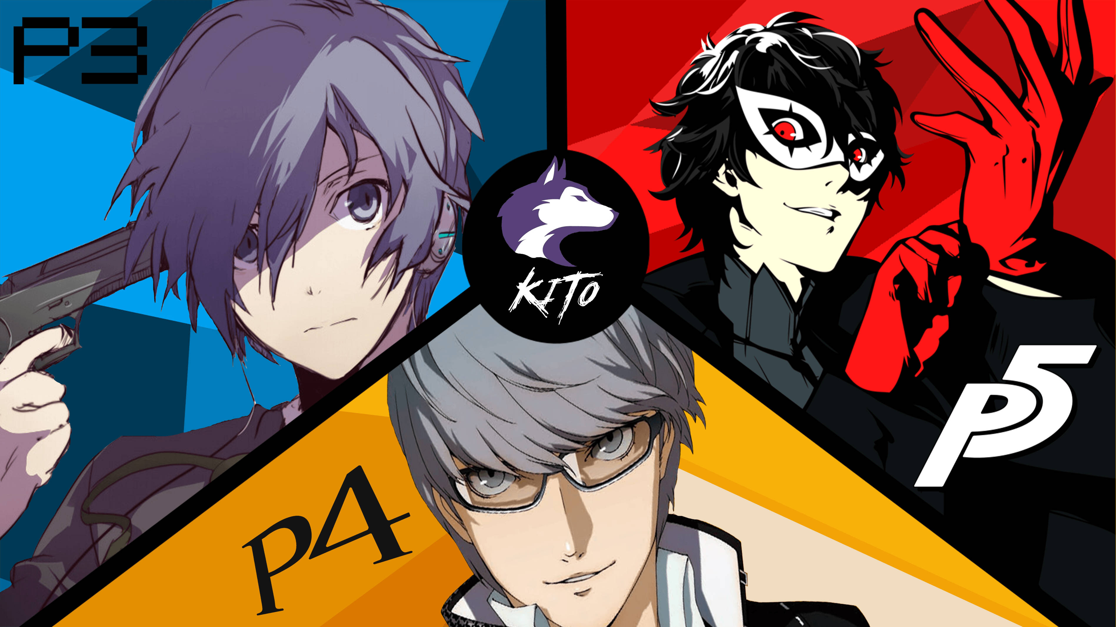 Persona 3 桌布 壁紙 — 三個來自Persona遊戲的動漫角色在鮮豔的彩色背景和遊戲標誌前戲劇性地擺姿勢。