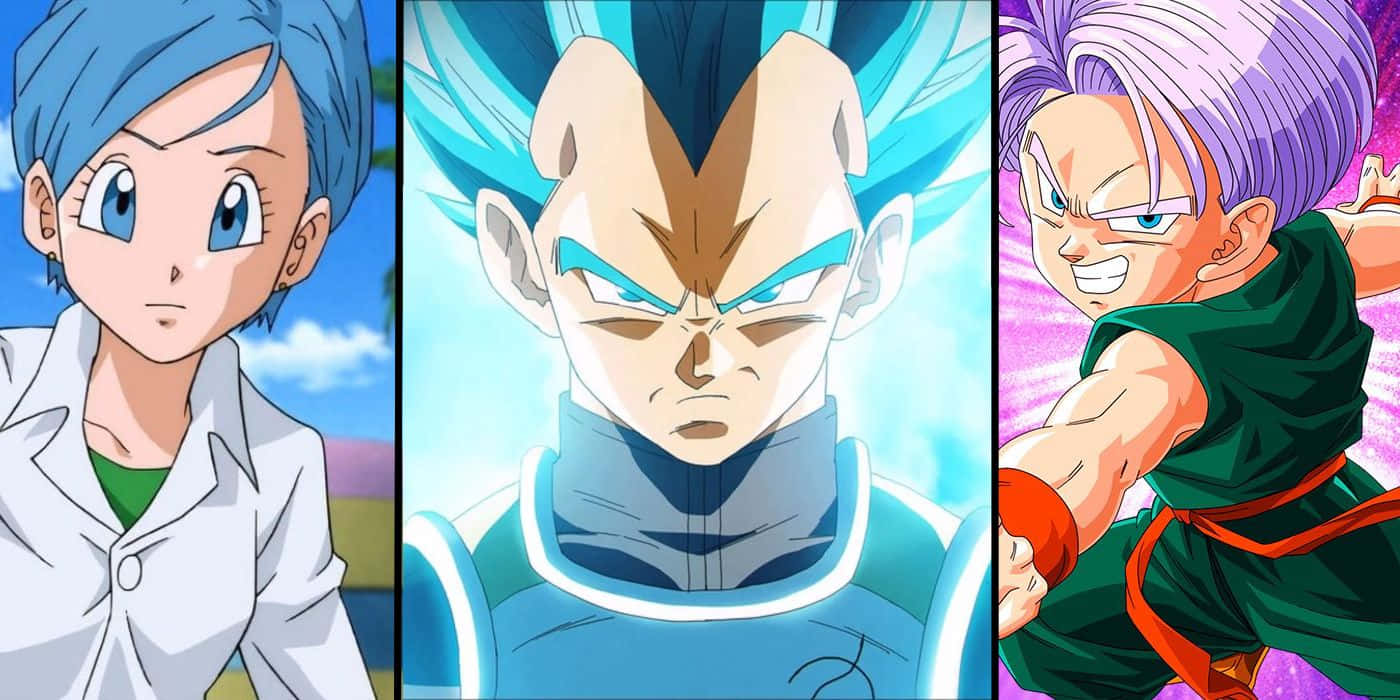 Vegeta And Trunks 桌布 壁紙 — 三個來自七龍珠Z的動漫角色以動態姿勢呈現，色彩鮮豔，表情強烈。