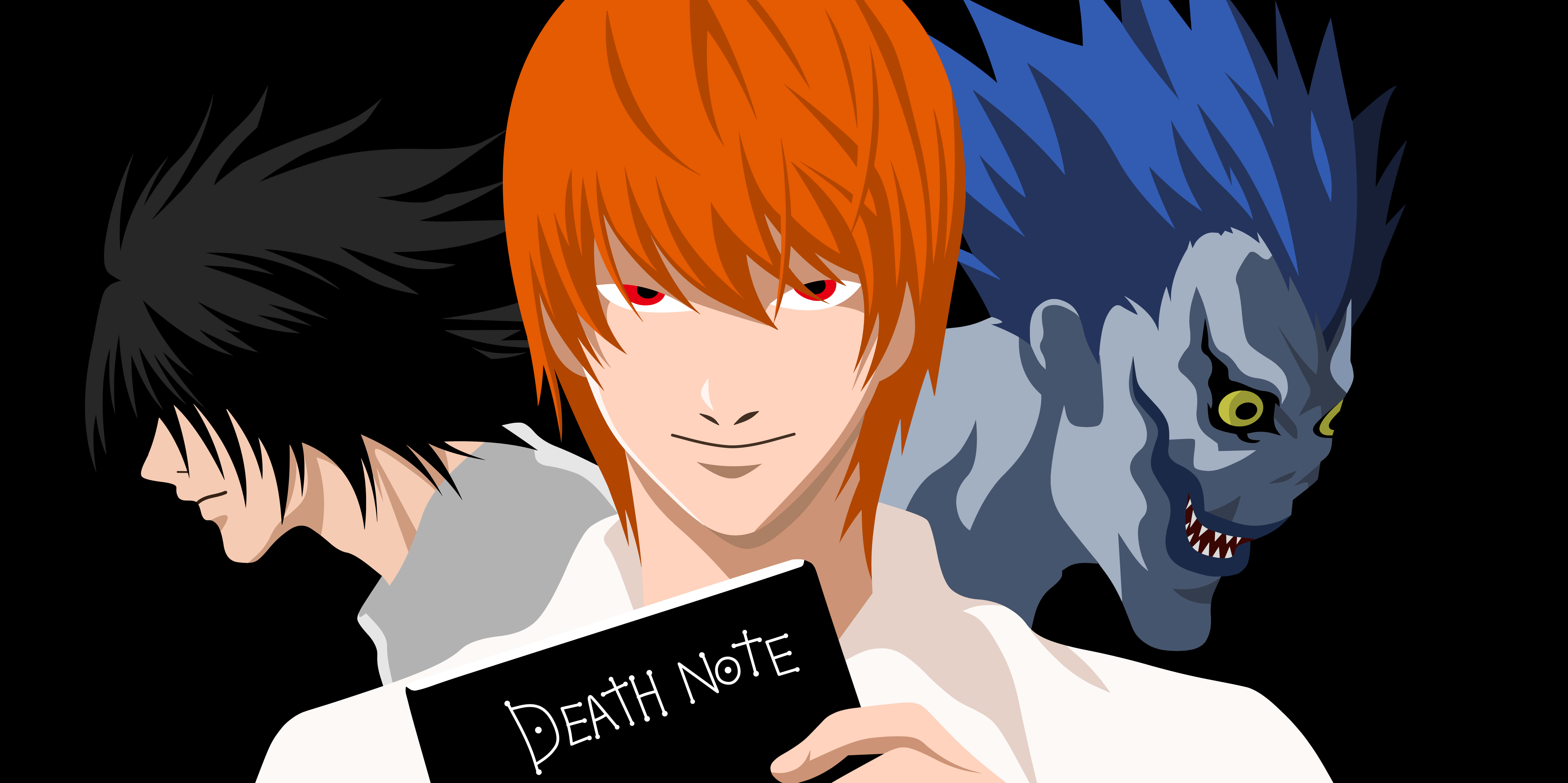 Light Yagami 桌布 壁紙 — 三個來自死亡筆記本的動漫角色站在黑色背景前，其中一個拿著筆記本，眼睛發光，頭髮尖刺。