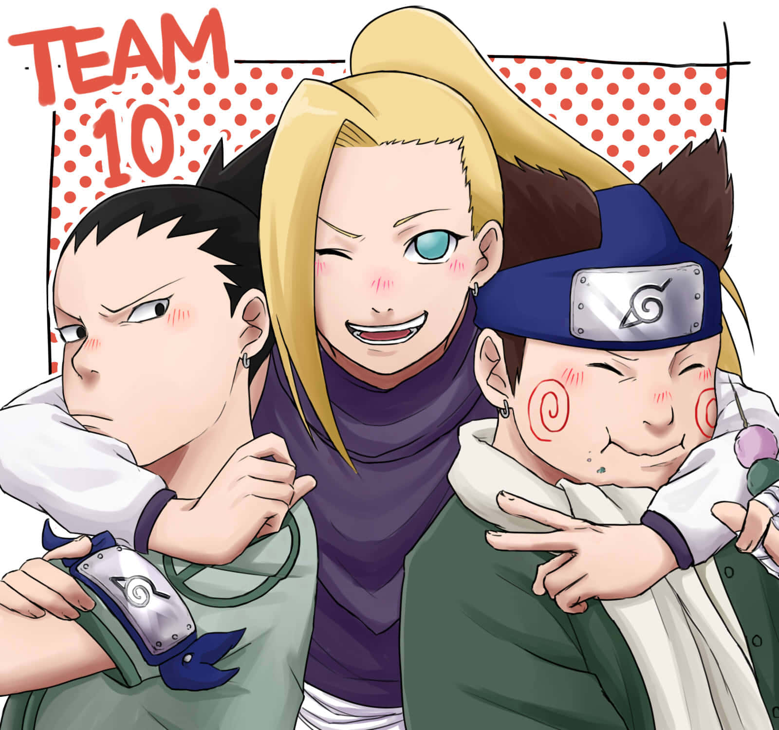 Ino Shika Cho 桌布 壁紙 — 三個來自第10隊的動漫忍者角色在紅色圓點背景前擠在一起，表情頑皮。