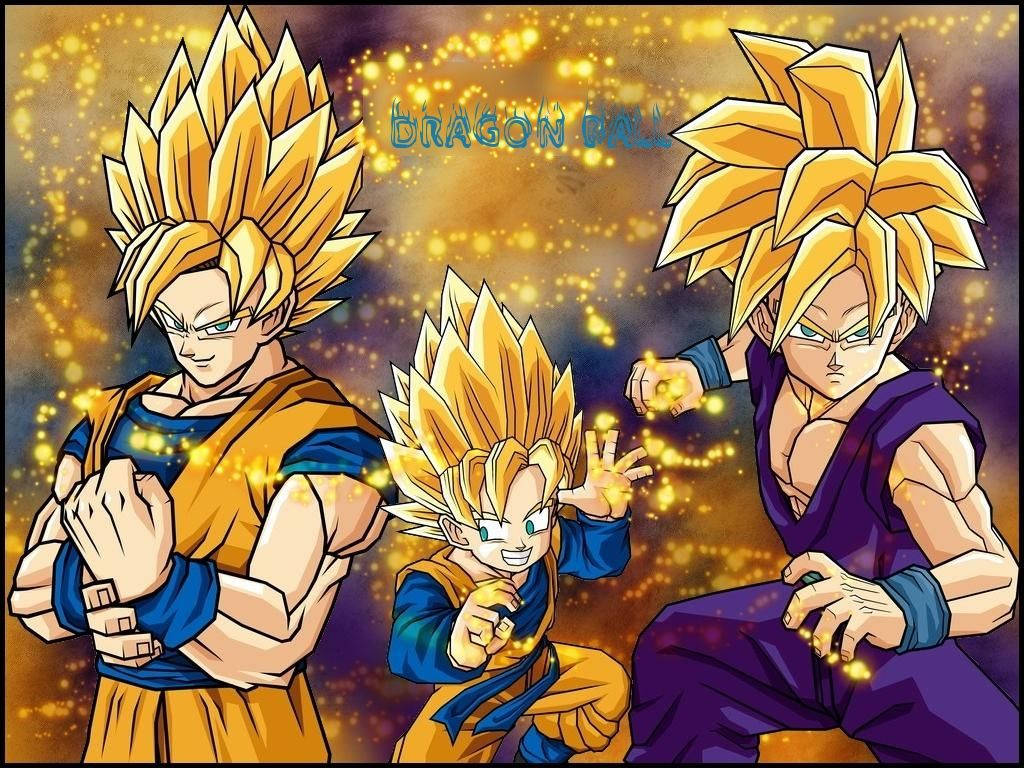 Goten 桌布 壁紙 — 三個來自龍珠的超級賽亞人角色在閃爍的宇宙背景下散發出金色能量。