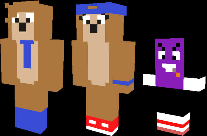 Minecraft Character 桌布 壁紙 — 三個像素化Minecraft風格的角色，帶有方塊設計，站在黑色背景前。