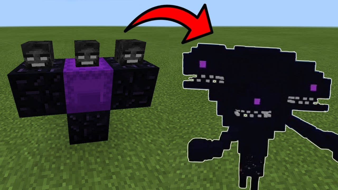 Wither 桌布 壁紙 — 三個像素化的 Minecraft 終界使者站在草地上，紅色箭頭指向一個正在變身的較大終界使者。