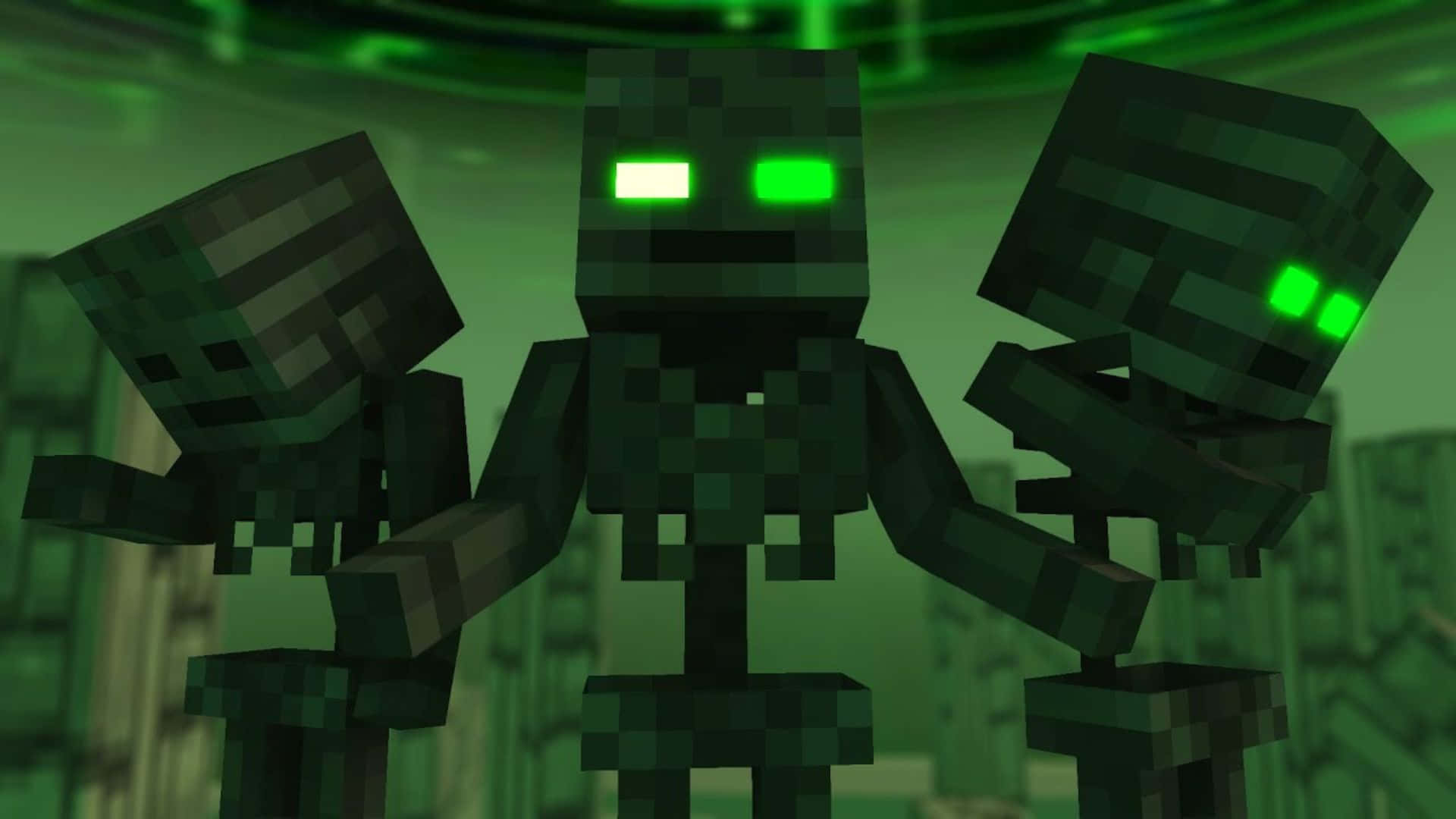 Minecraft Wither 桌布 壁紙 — 三個像素化的 Minecraft 苦力怕，擁有發光的綠色眼睛，在昏暗的綠色環境中威嚇地站立。