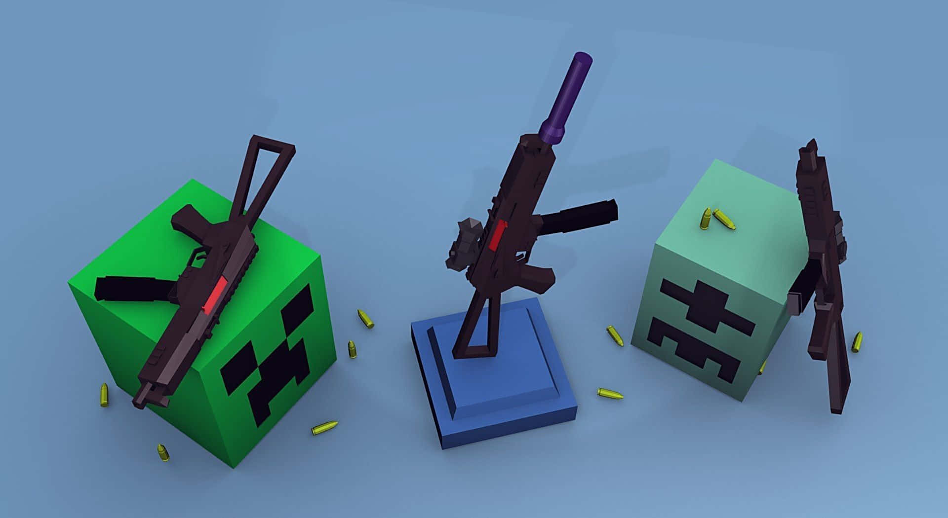 Minecraft Weapons 桌布 壁紙 — 三個像素化的 Minecraft 苦力怕站在方塊狀突擊步槍旁邊，黃色子彈散落在純藍色背景上。