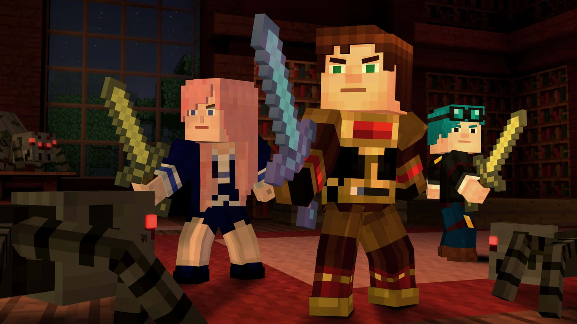 Minecraft Story Mode 桌布 壁紙 — 三個像素化的Minecraft冒險者在夜晚昏暗的圖書館中準備好，手持發光的劍。