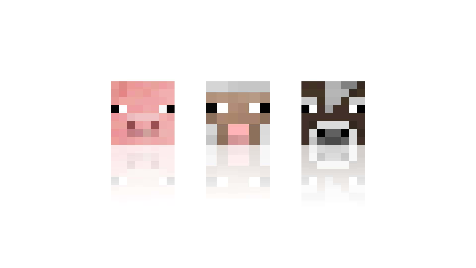 Minecraft Sheep 桌布 壁紙 — 三個像素化的Minecraft動物豬、羊和牛並排站在反光的白色表面上。