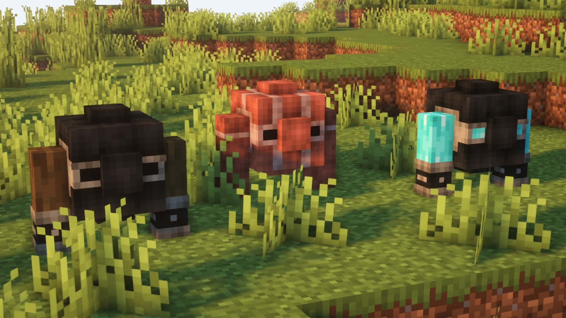 Minecraft Mods 桌布 壁紙 — 三個像素化的Minecraft村民站在草地田野中，地形方塊狀，綠意盎然。