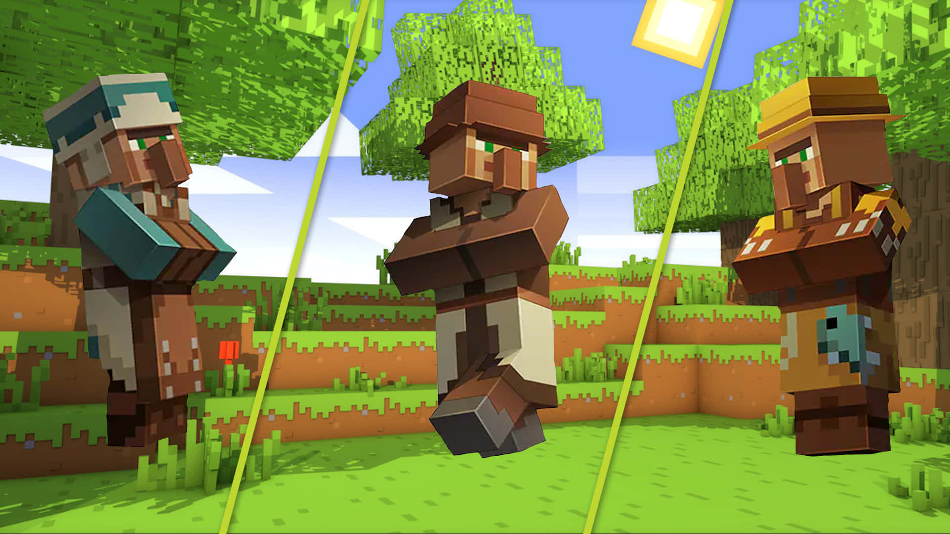 Minecraft Villagers 桌布 壁紙 — 三個像素化的Minecraft村民站在有塊狀樹木和地形的明亮陽光下的草地上。